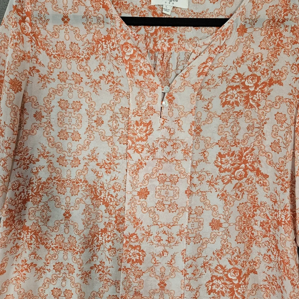 Umgee USA Large Popover Sheer Shirt Orange Floral Ruffle Sleeve Boho Cottagecore - Picture 2 of 11